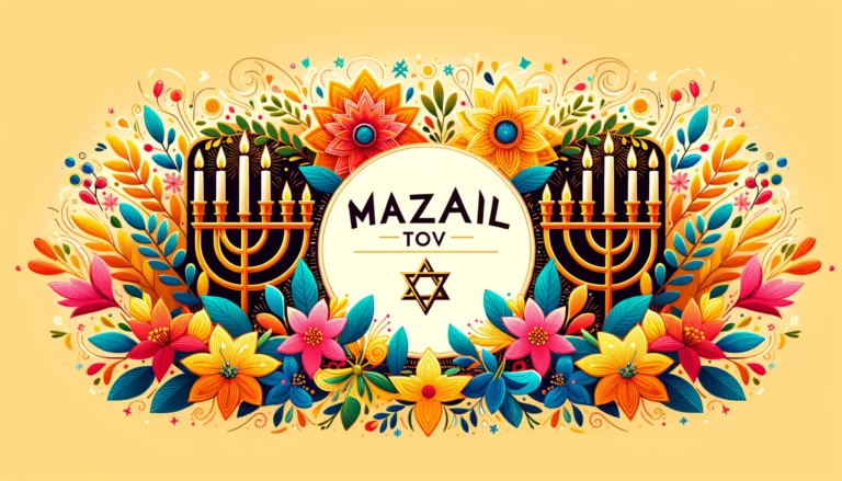 DALL·E 2024-04-01 16.59.54 – Design a vibrant and celebratory header for a ‘Mazal Tov’ e-card. This image should combine Jewish symbols like the Star of David and menorah with bri
